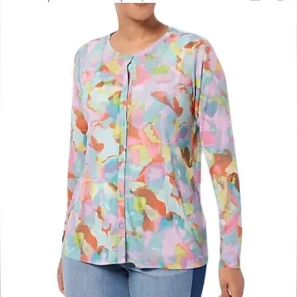 Logo Lori Goldstein Sweaters - LOGO LORI GOLDSTEIN Sheer Mesh Watercolor Print Artsy Button Cardigan SIZE LARGE